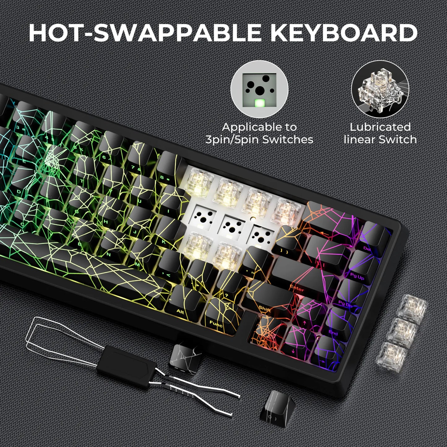 XVX M67 Tri-Mode Mechanical Keyboard with Spider Web IMD-Tech Keycaps, QMK/VIA Gasket Design, RGB Hot-Swappable, Bluetooth Connectivity