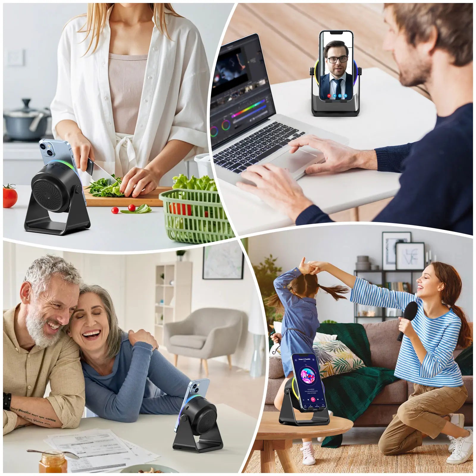 Dohelly 5 in 1 Wireless Induction Audio Bluetooth Speaker, 360° Rotation Stand with LED, Universal Speaker Stands for Surround Sound&Charger,Portable Desktop Stand Gift for Home, Shower, Outdoors, Travel. Gifts for Men Women
