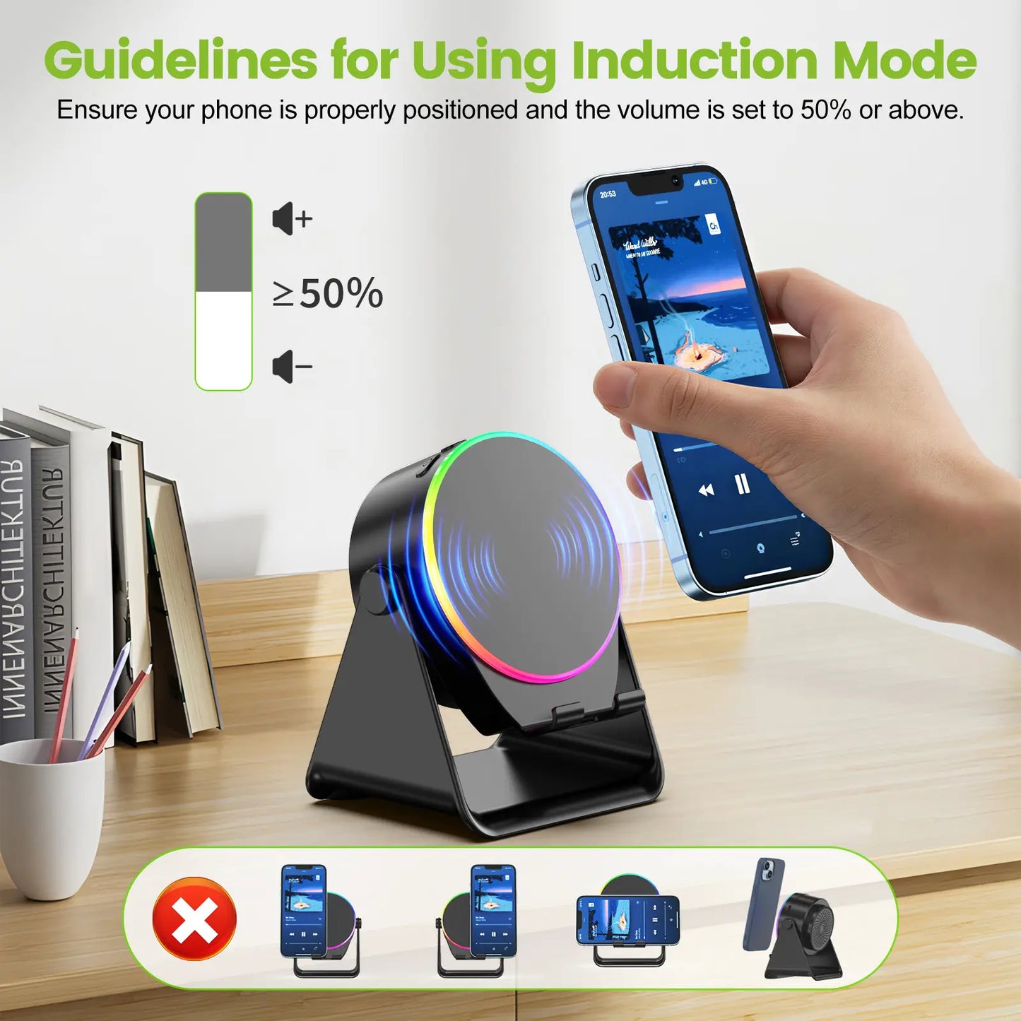 Dohelly 5 in 1 Wireless Induction Audio Bluetooth Speaker, 360° Rotation Stand with LED, Universal Speaker Stands for Surround Sound&Charger,Portable Desktop Stand Gift for Home, Shower, Outdoors, Travel. Gifts for Men Women