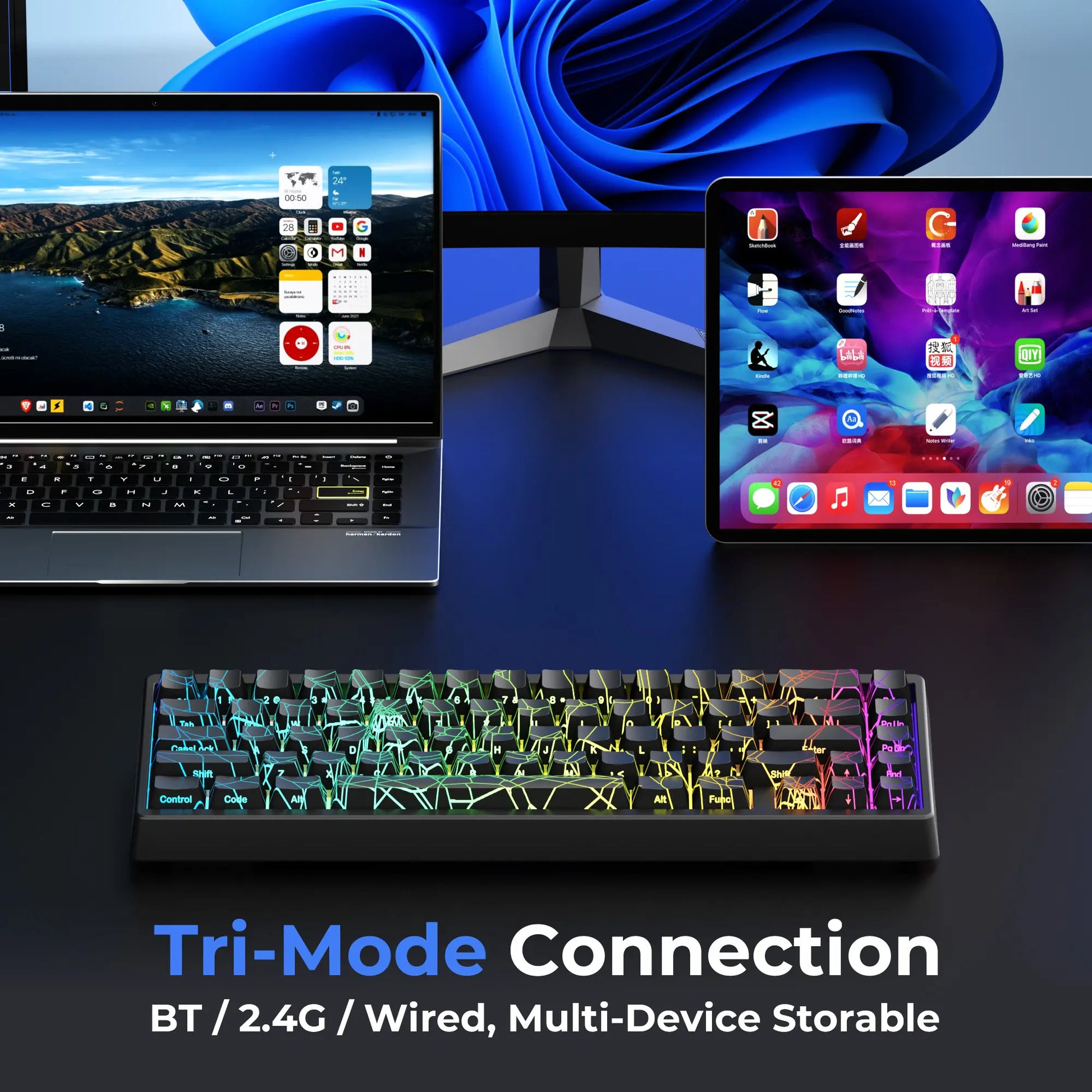 XVX M67 Tri-Mode Mechanical Keyboard with Spider Web IMD-Tech Keycaps, QMK/VIA Gasket Design, RGB Hot-Swappable, Bluetooth Connectivity