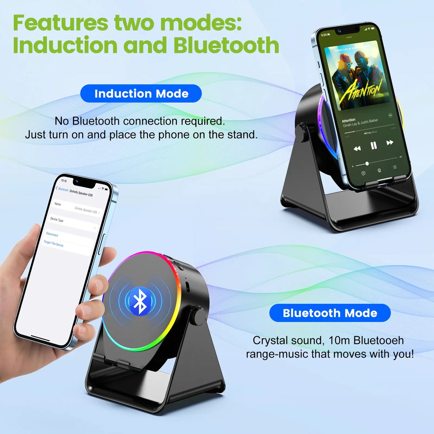 Dohelly 5 in 1 Wireless Induction Audio Bluetooth Speaker, 360° Rotation Stand with LED, Universal Speaker Stands for Surround Sound&Charger,Portable Desktop Stand Gift for Home, Shower, Outdoors, Travel. Gifts for Men Women