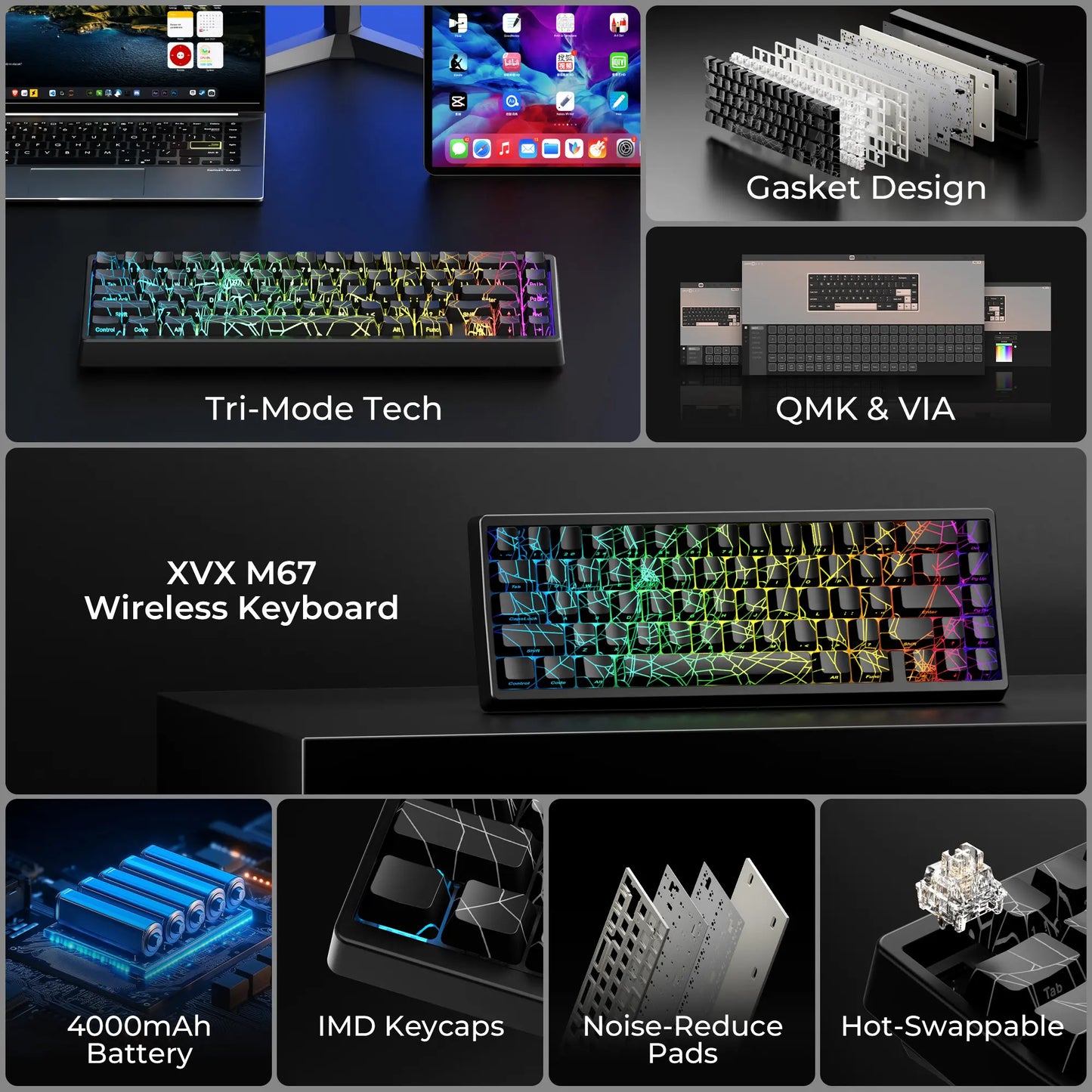 XVX M67 Tri-Mode Mechanical Keyboard with Spider Web IMD-Tech Keycaps, QMK/VIA Gasket Design, RGB Hot-Swappable, Bluetooth Connectivity