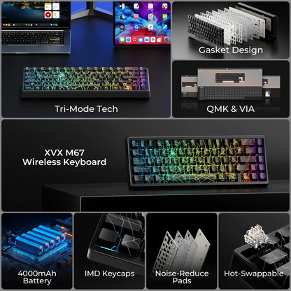 XVX M67 Tri-Mode Mechanical Keyboard with Spider Web IMD-Tech Keycaps, QMK/VIA Gasket Design, RGB Hot-Swappable, Bluetooth Connectivity