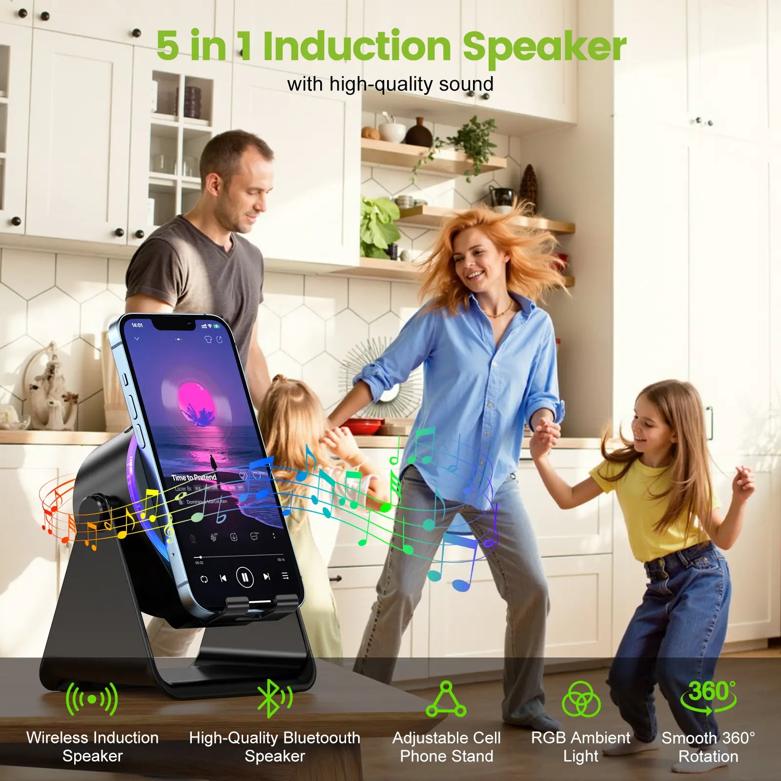 Dohelly 5 in 1 Wireless Induction Audio Bluetooth Speaker, 360° Rotation Stand with LED, Universal Speaker Stands for Surround Sound&Charger,Portable Desktop Stand Gift for Home, Shower, Outdoors, Travel. Gifts for Men Women