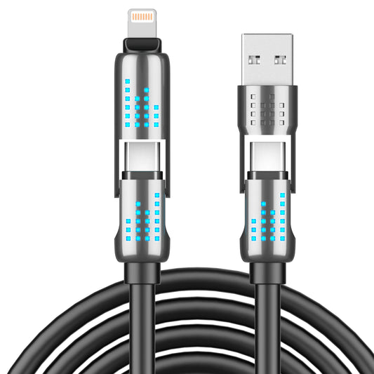 240W Aluminum 4-in-1 USB-C Cable – PD 5A Fast Charging & Data Sync | USB-A, Type-C & Lightning Multi Device Charger for iPhone, iPad, Samsung & Laptops