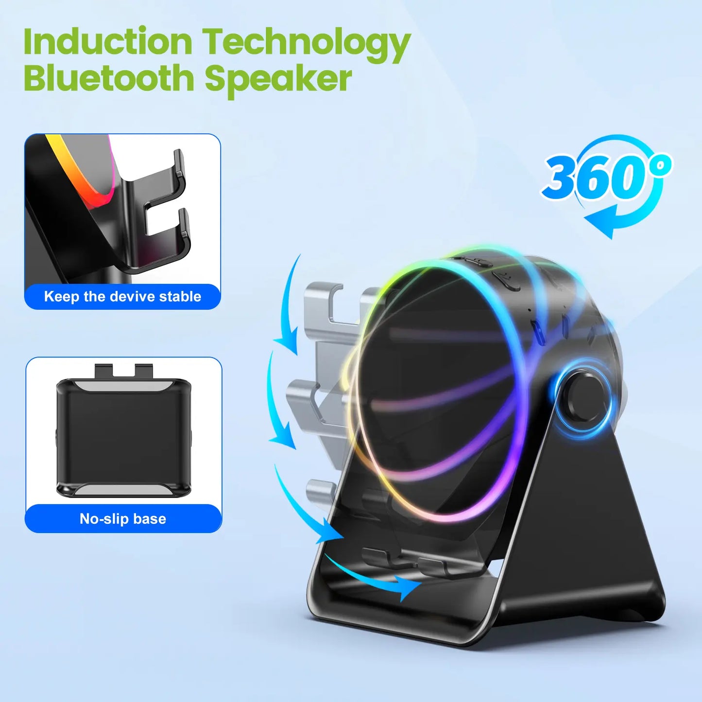 Dohelly 5 in 1 Wireless Induction Audio Bluetooth Speaker, 360° Rotation Stand with LED, Universal Speaker Stands for Surround Sound&Charger,Portable Desktop Stand Gift for Home, Shower, Outdoors, Travel. Gifts for Men Women