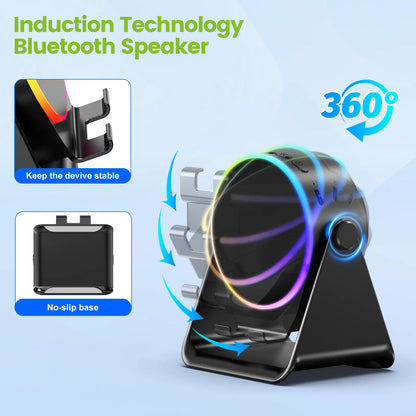 Dohelly 5 in 1 Wireless Induction Audio Bluetooth Speaker, 360° Rotation Stand with LED, Universal Speaker Stands for Surround Sound&Charger,Portable Desktop Stand Gift for Home, Shower, Outdoors, Travel. Gifts for Men Women
